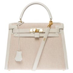 Hermès Kelly 28 sellier Handtaschenband aus weißem Canvas und beigem Leder, GHW