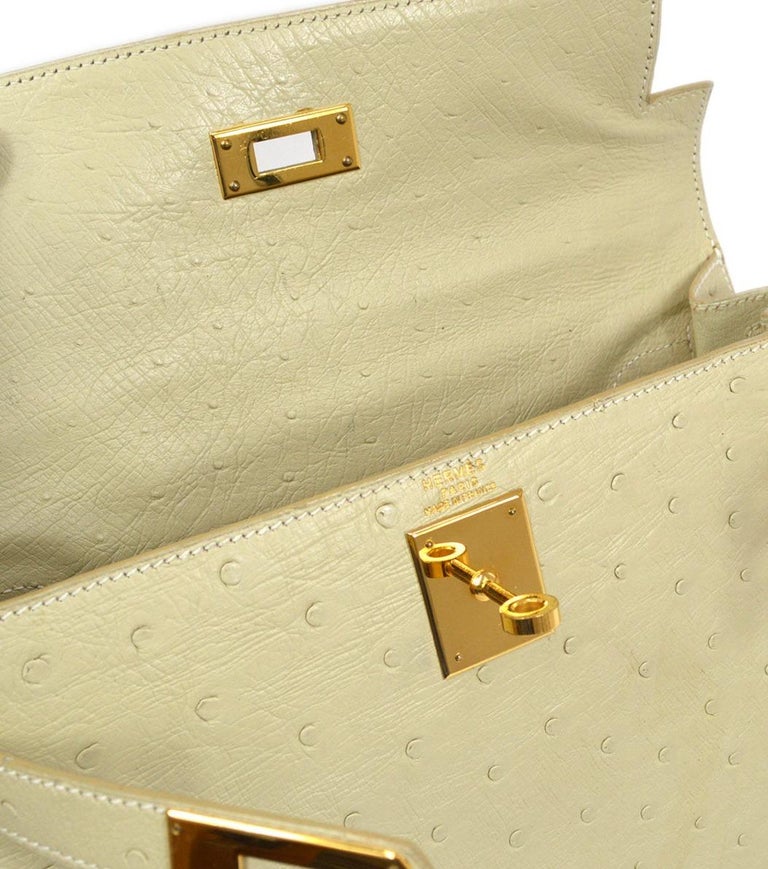 HERMES Kelly 28 Sellier Ivory Cream Ostrich Exotic Gold Top Handle ...