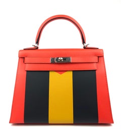 Hermes Kelly 28 Sellier Kellygraphie Capucine Ambre Blue Obscure Letter R