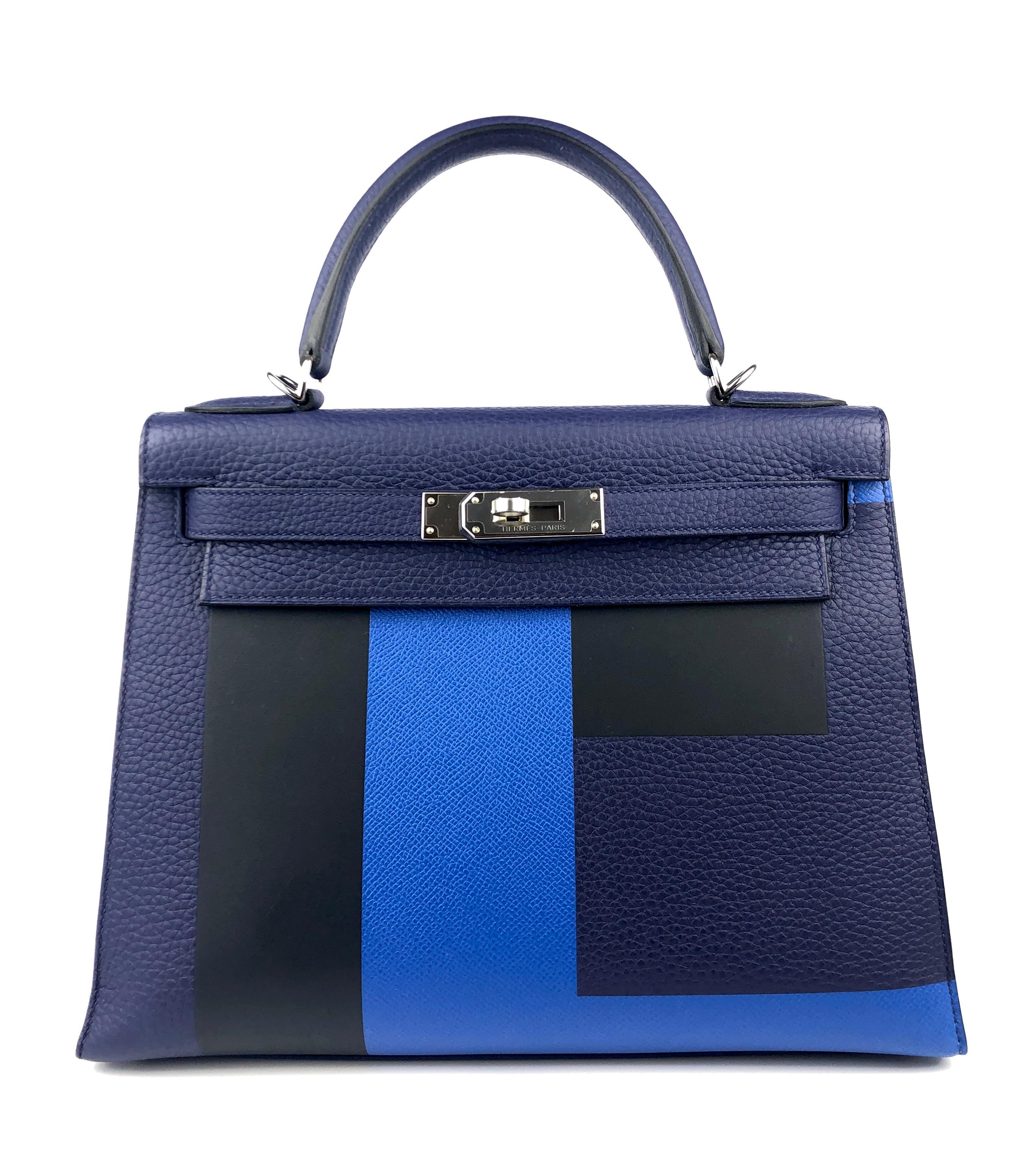 ULTRA RARE LIMITED EDITION Hermes Kelly 28 Sellier Tri Color Blue Encre, Blue Zellige and Vert Cyoress. 3 Leather combination Clemence, Epsom and Sombrero Leather Palladium Hardware. Like New  Condition with plastic on all Hardware! C Stamp