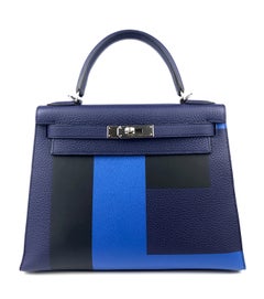 Hermes Kelly 28 Sellier Kellygraphie Letter E Blue Encre Zellige Vert Cypress