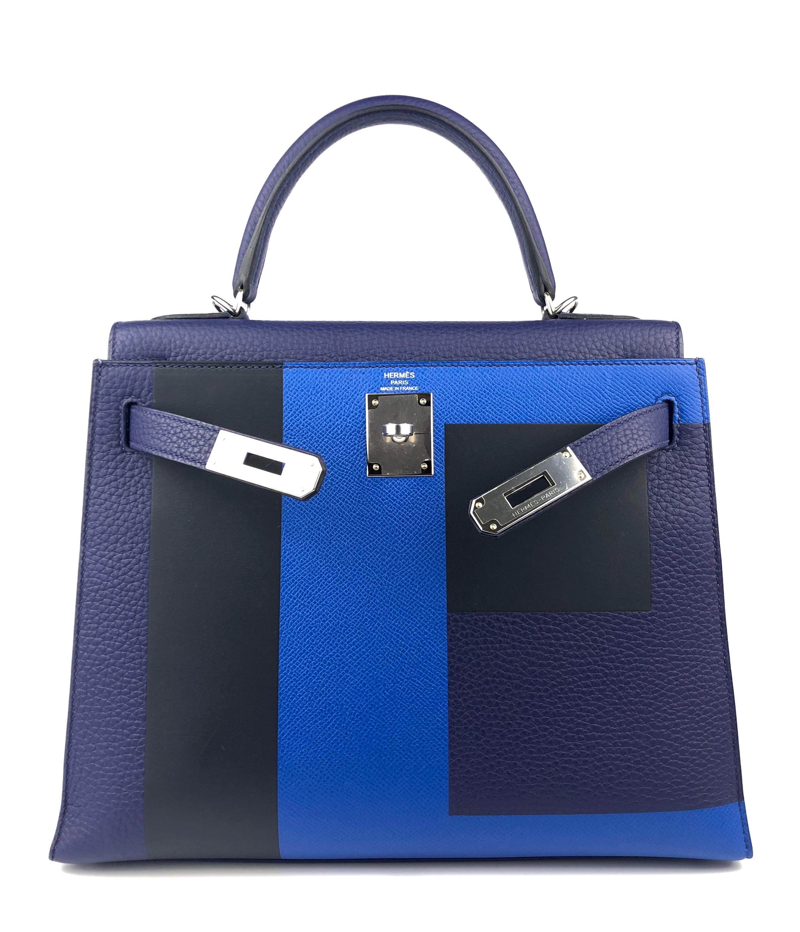 Hermes Kelly 28 Sellier Kellygraphie Letter E Blue Encre Zellige Vert ...