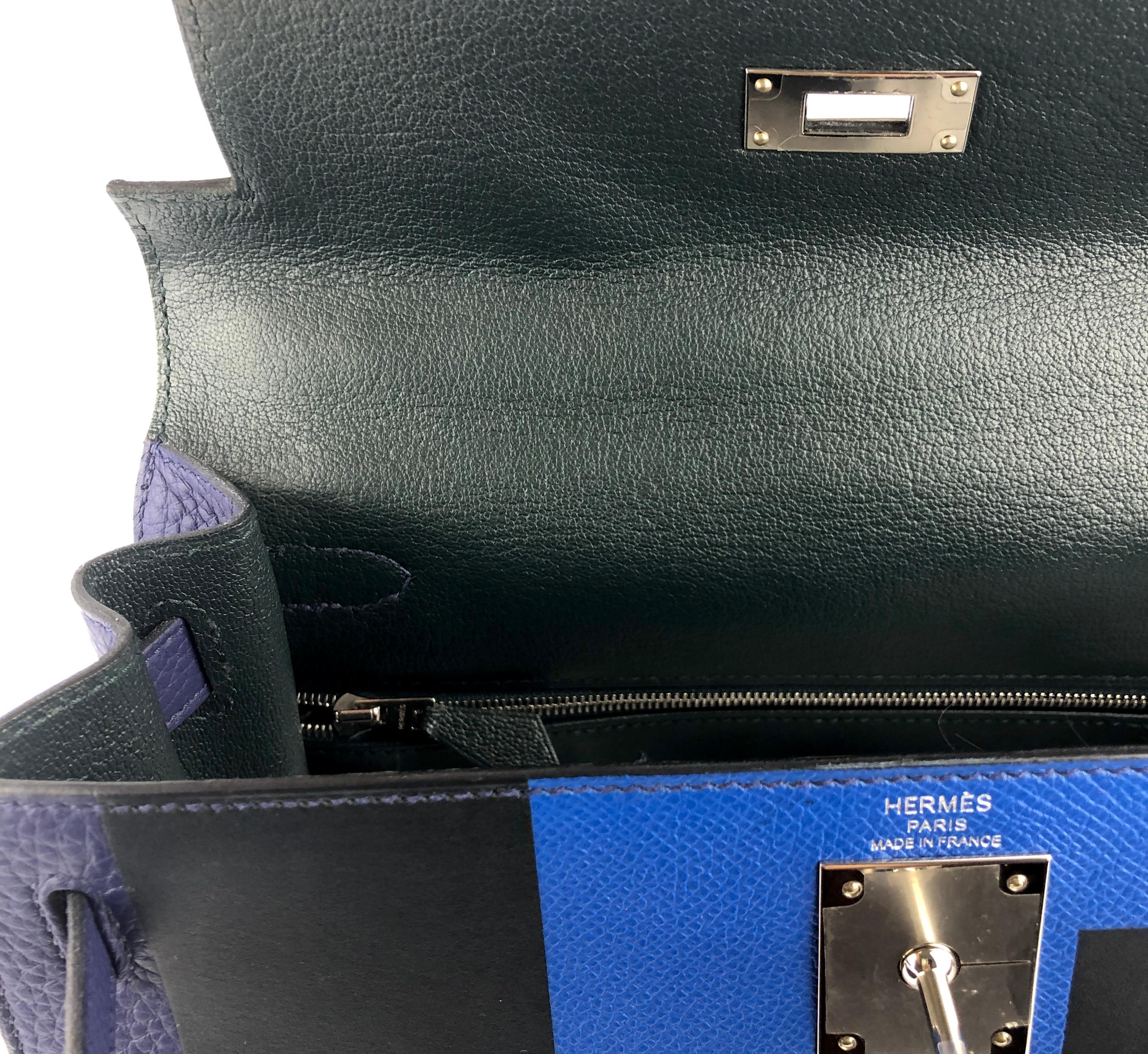 Women's or Men's Hermes Kelly 28 Sellier Kellygraphie Letter E Blue Encre Zellige Vert Cypress