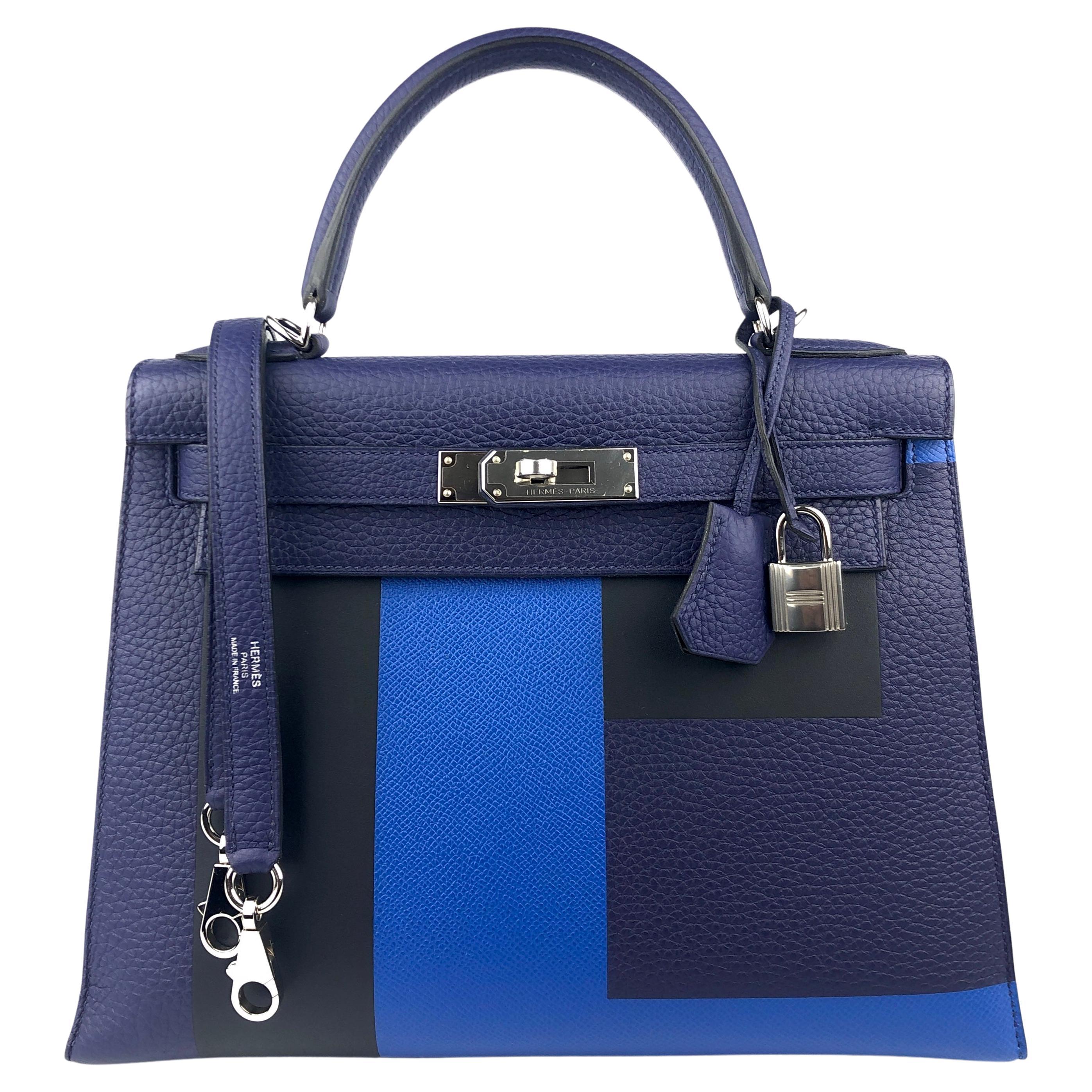 Hermes Kelly 28 Sellier Kellygraphie Letter E Blue Encre Zellige Vert Cypress 