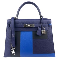 Hermes Kelly 28 Sellier Kellygraphie Letter E Blue Encre Zellige Vert Cypress 