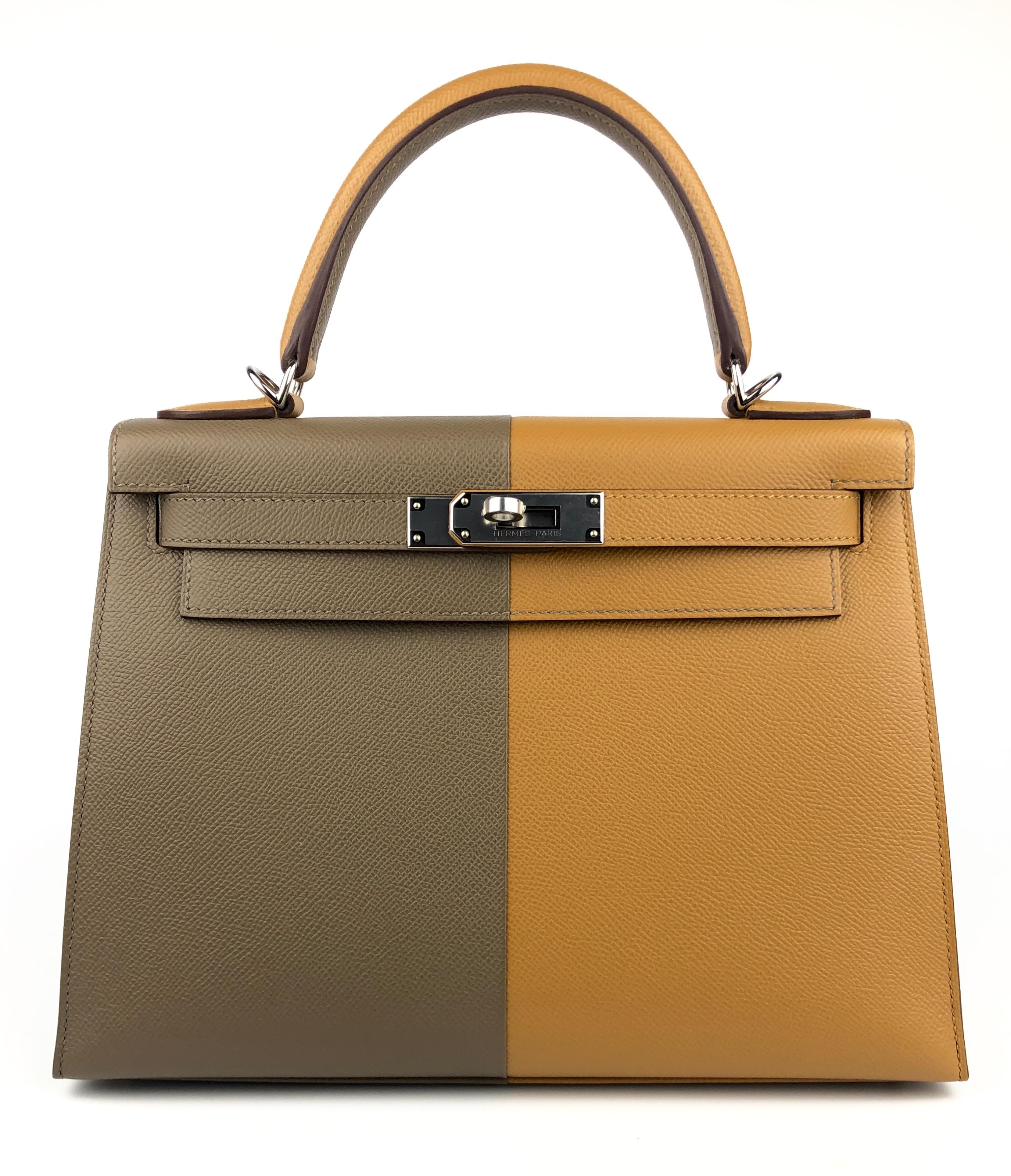 Ultra Rare & Absolutely Stunning As New Hermes Kelly 28 Sellier Casaque Tri-Color Etoupe, Sesame and Blue Indigo Epsom Leather complimented by Palladium Hardware. 2021 Z Stamp.

Shop with Confidence from Lux Addicts. Authenticity Guaranteed! 