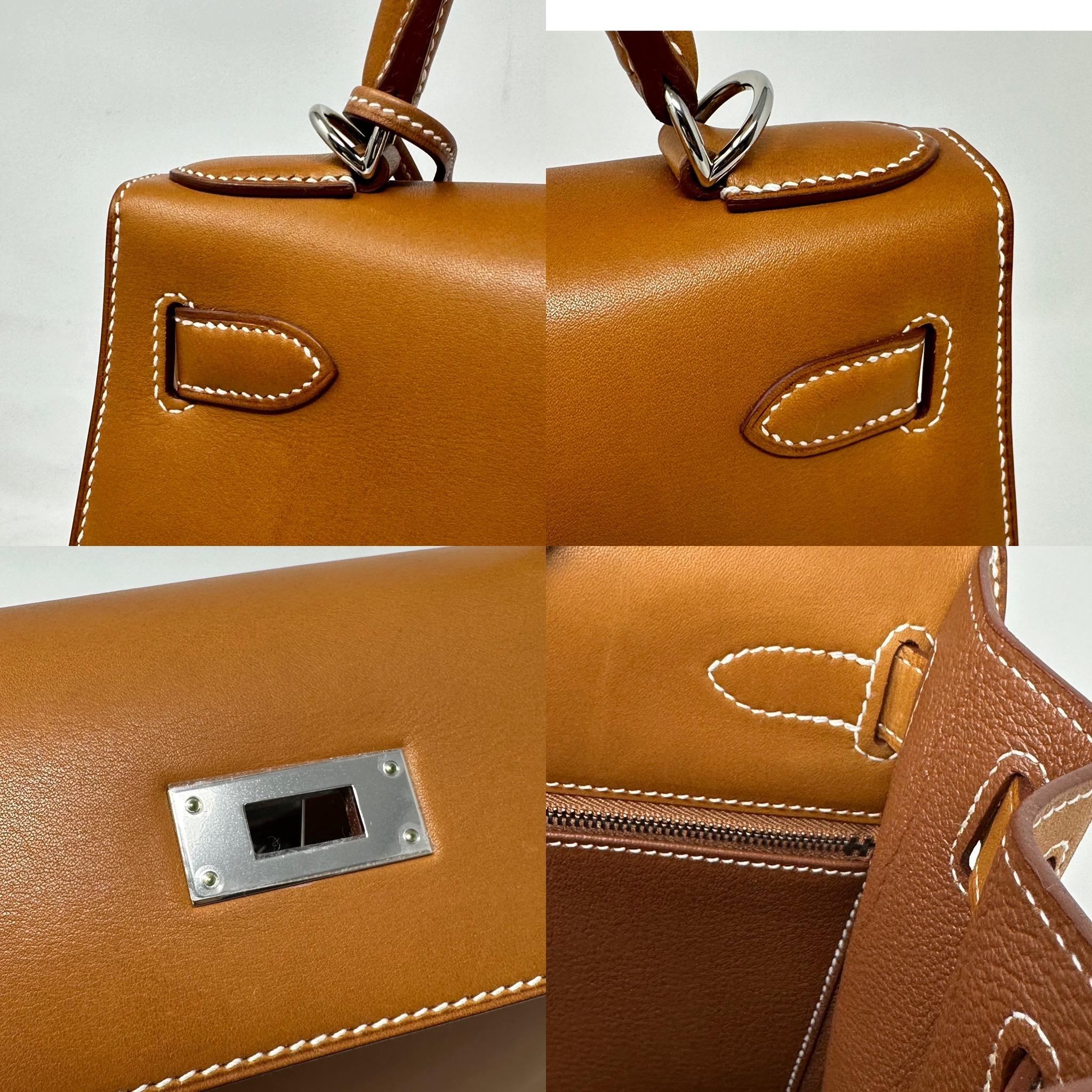 Description: This is a beautiful Like New Hermès Kelly 28 Sellier Bag crafted from highly sought after Natural Barenia Leather in brown hue with the palladium-plated hardware. The bag features contrast stitching, a leather top handle, an optional