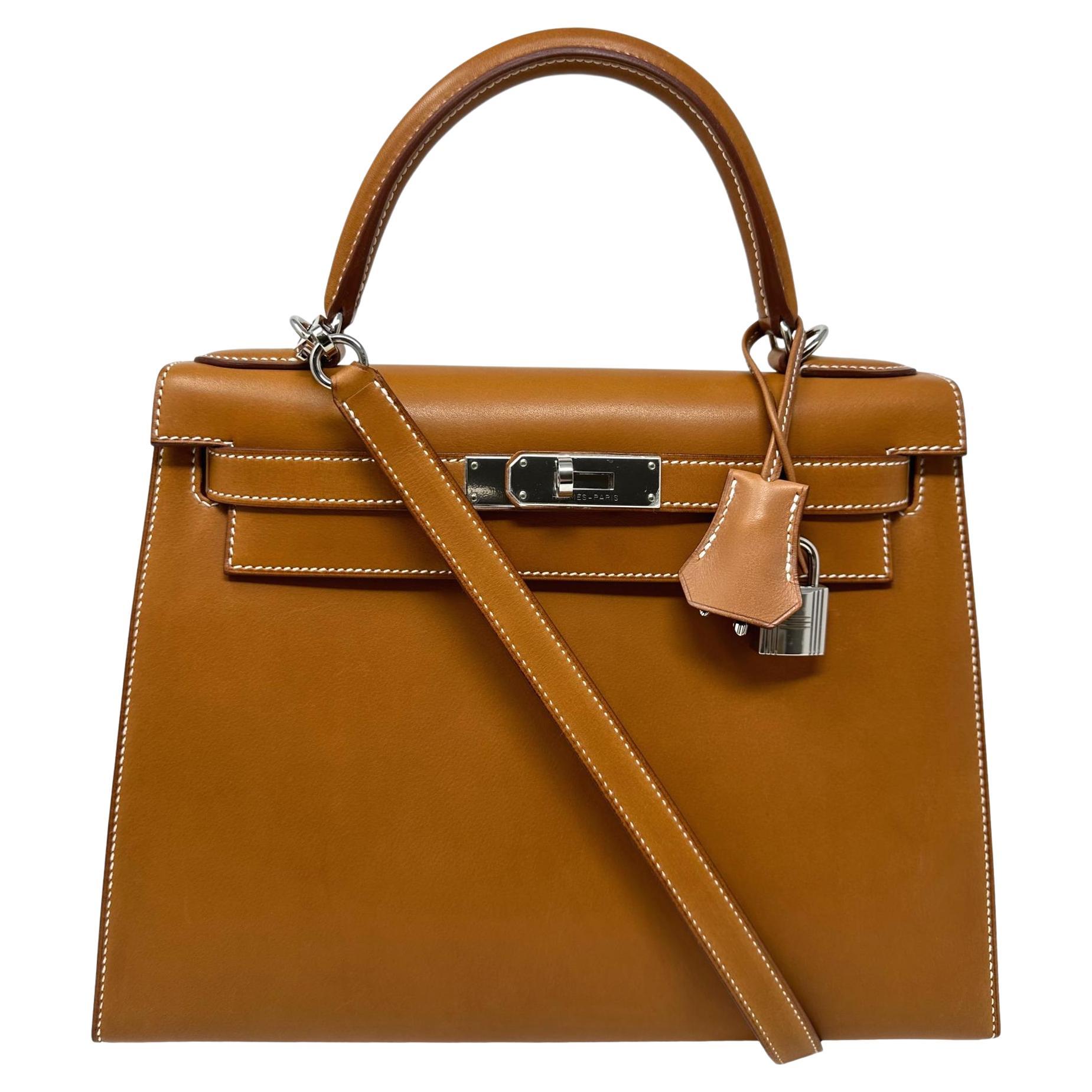 Hermes Kelly 28 Sellier Natural Brown Barenia Leather Palladium Hardware  For Sale
