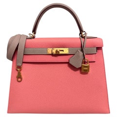 Hermes Kelly 28 Sellier Pink Rose Lipstick Gris Tourterelle Togo Top Handle Bag