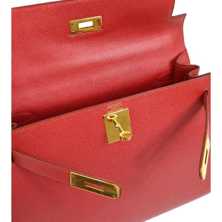 HERMES Kelly 28 Sellier Red Leather Gold Evening Top Handle Bag Shoulder Bag For Sale at 1stDibs