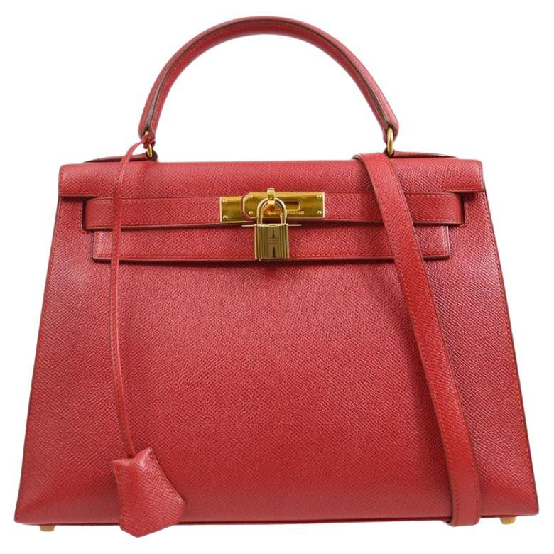 HERMES Kelly 28 Sellier Red Leather Gold Evening Top Handle Bag Shoulder Bag