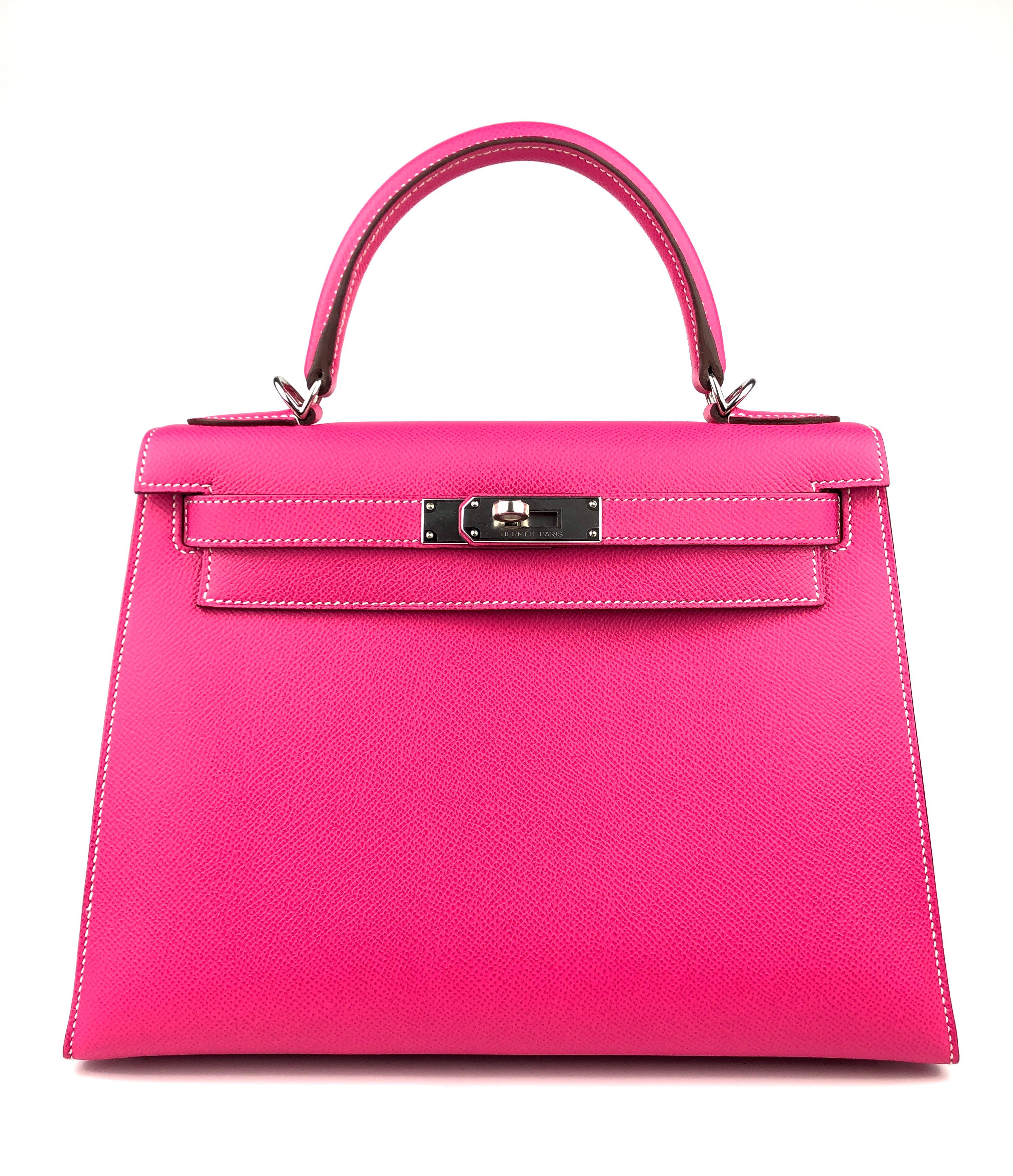 Absolutely Stunning Like New Hermes Kelly 28 Sellier Rose Tyrien Epsom Leather complimented by Palladium Hardware. Plastic on all hardware and feet. 

Shop with Confidence from Lux Addicts. Authenticity Guaranteed! 