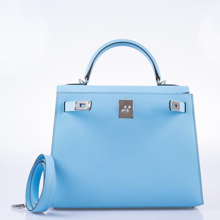 Hermès Kelly 28 Sellier Sky Blue Epsom Palladium Hardware For Sale at  1stDibs