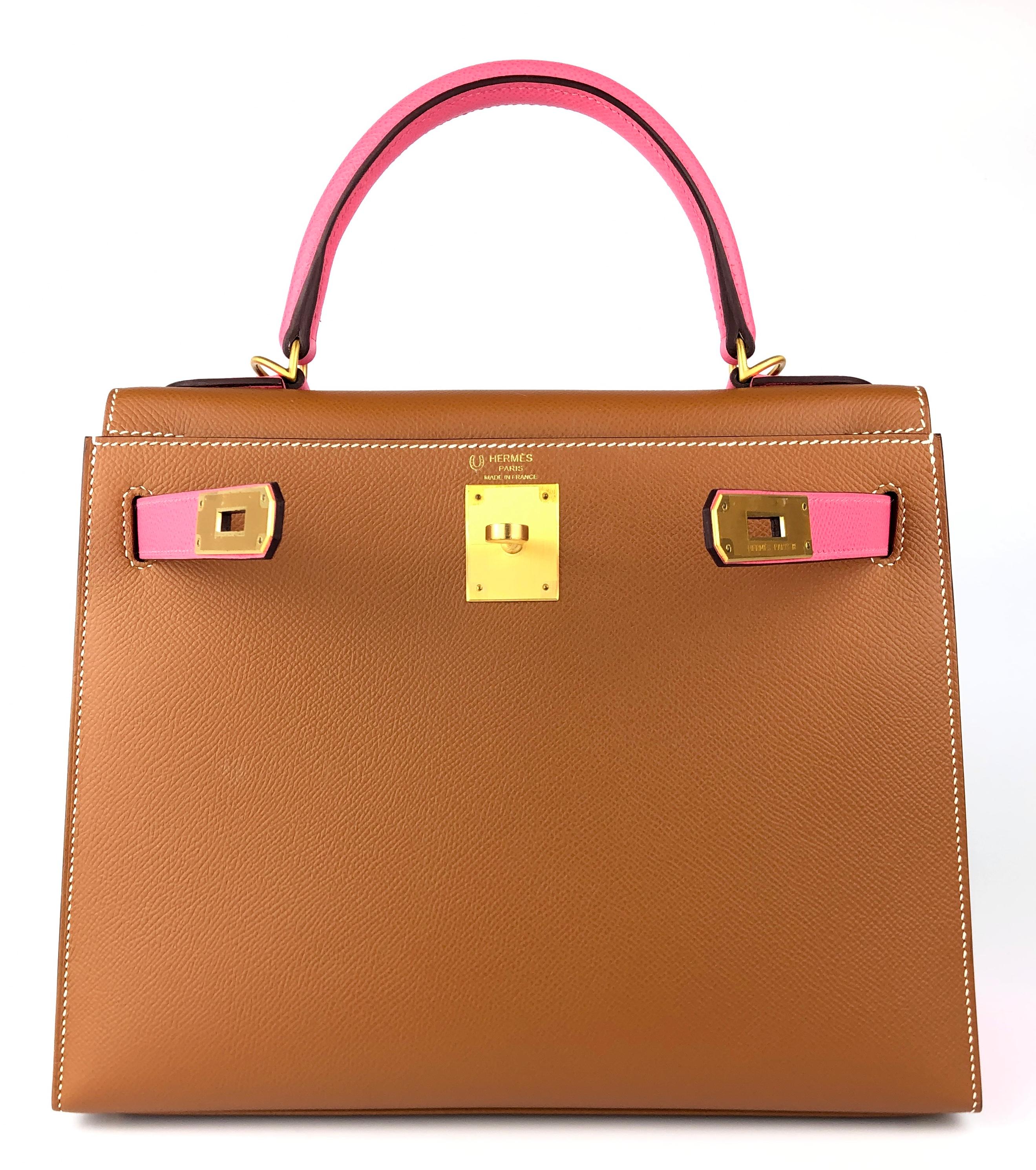 Hermes Kelly 28 Sellier Special Order Gold Rose Azalee Pink Brushed Gold HWR In New Condition For Sale In Miami, FL