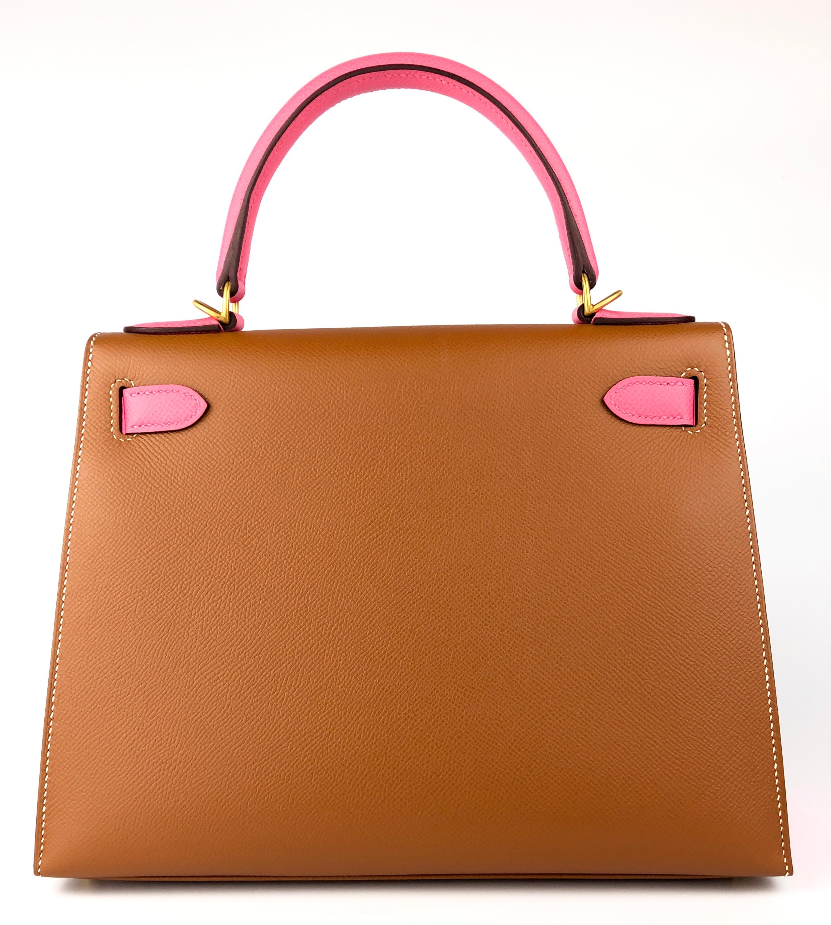 Hermes Kelly 28 Sellier Special Order Gold Rose Azalee Pink Brushed Gold HWR Unisexe en vente