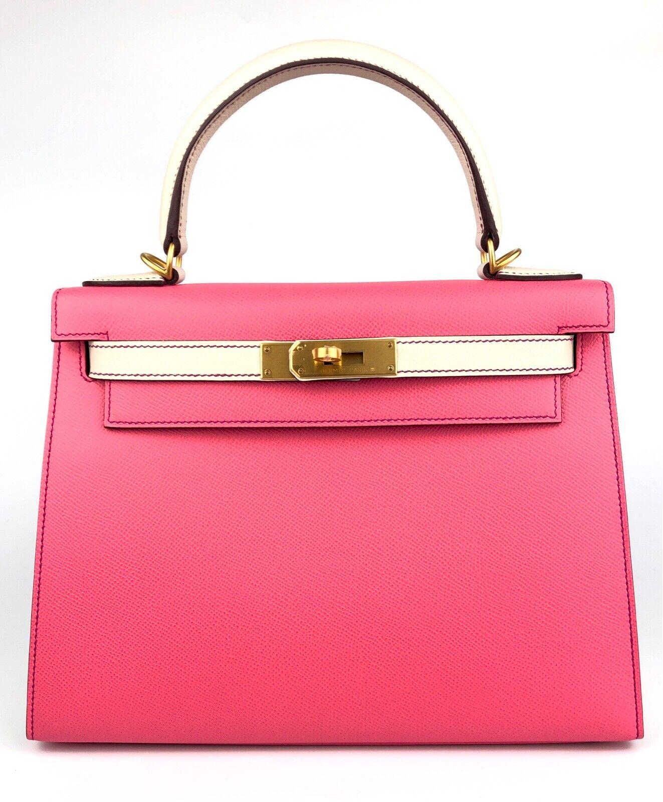 Absolutely Stunning 1 of 1 As New Hermes Kelly 28 Sellier HSS Special Order Rose Azalee & Craie Epsom Leather complimented contrast Pink Stitching and Brushed Gold Hardware. Plastic on all hardware and feet. 2018 C Stamp.

Shop with Confidence from