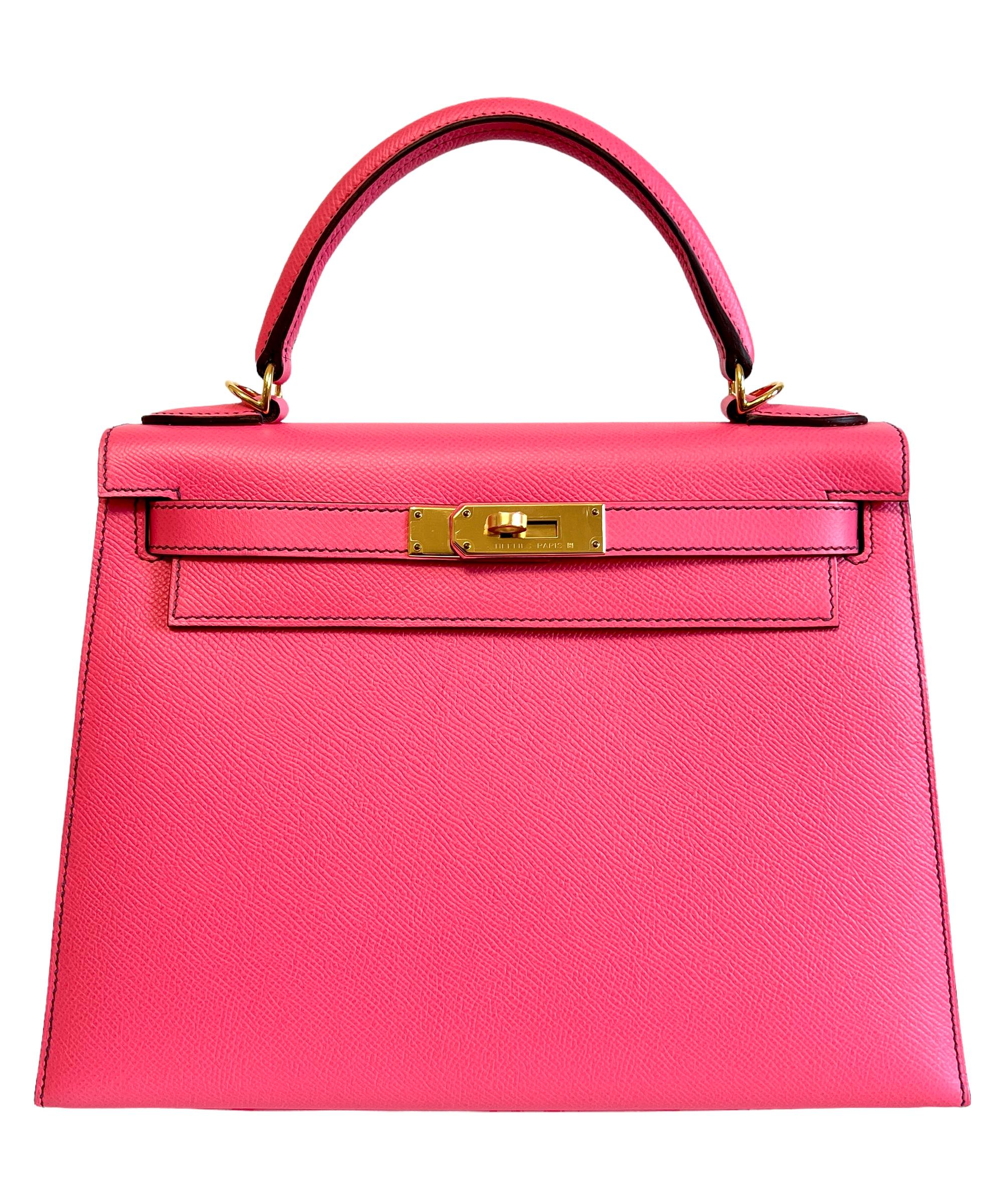 Stunning 1 of 1 HSS Special Order Hermes Kelly 28 Sellier Rose Azalee  Pink with beautiful Purple Contrast Stitching and Purple Interior. Complimented by Gold Hardware. Like new with Plastic on all Hardware.

Shop with confidence from Lux Addicts.