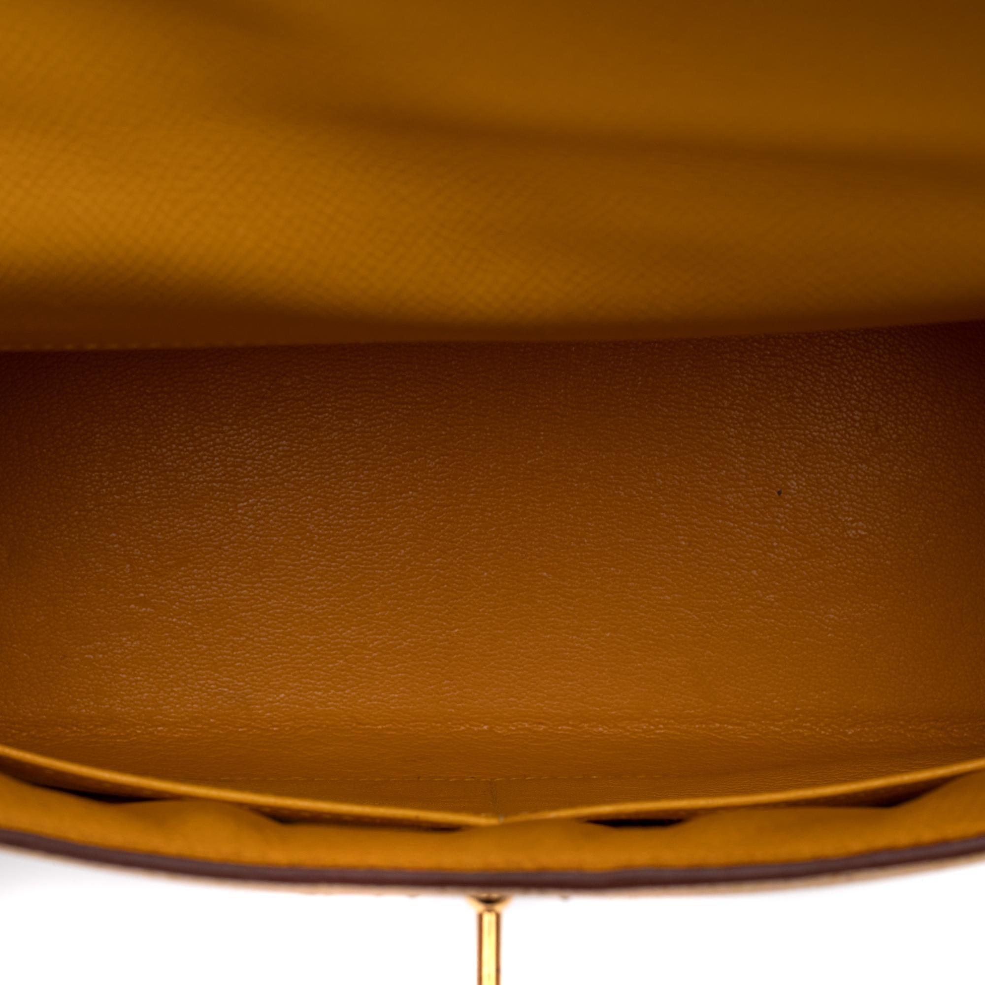 Hermès Kelly 28 sellier strap handbag in canvas & yellow courchevel leather, GHW In Good Condition In Paris, IDF