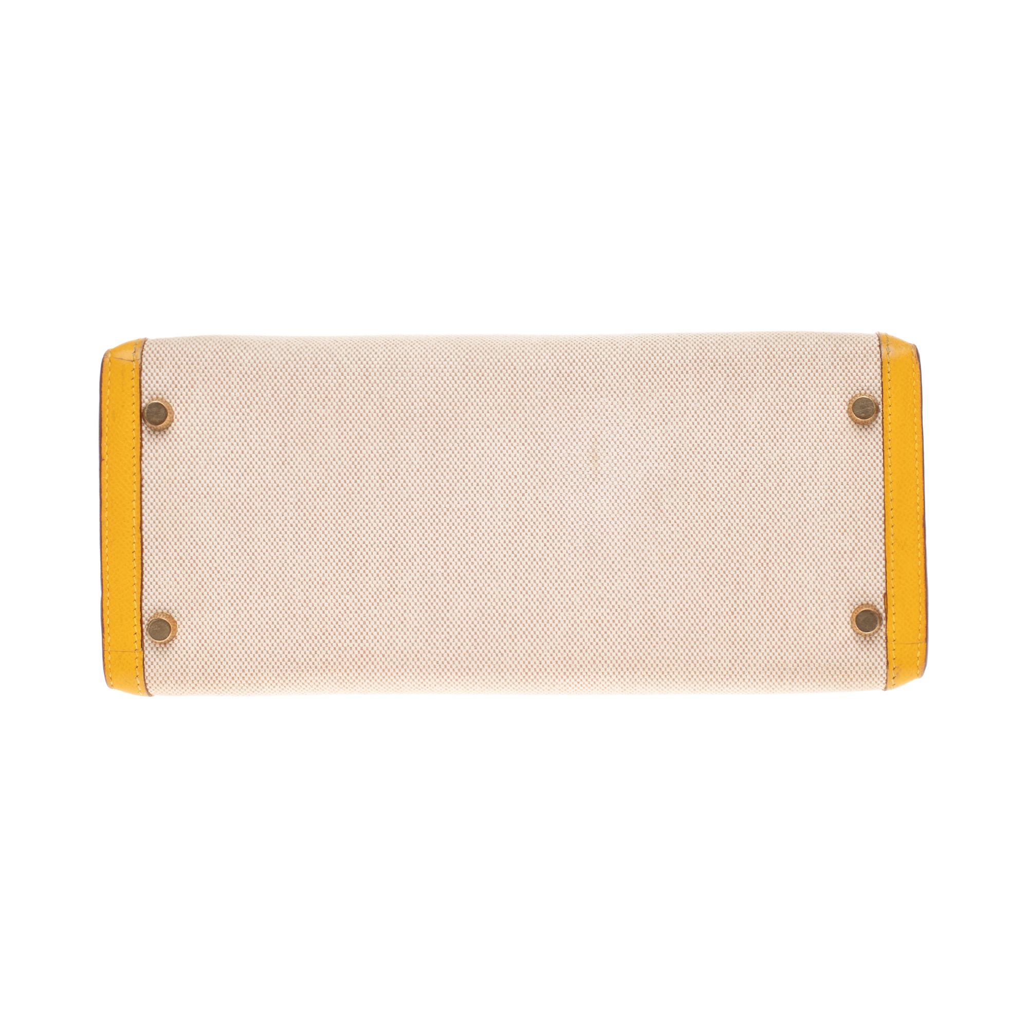 Women's Hermès Kelly 28 sellier strap handbag in canvas & yellow courchevel leather, GHW