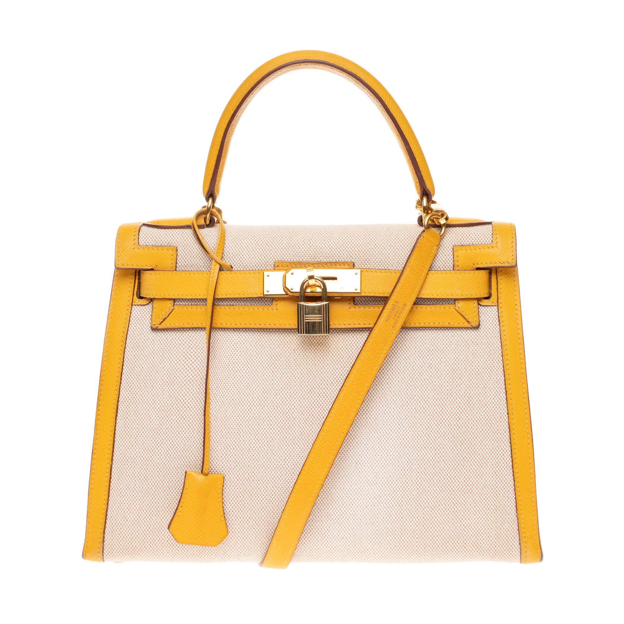 Hermès Kelly 28 sellier strap handbag in canvas and yellow courchevel  leather, GHW at 1stDibs