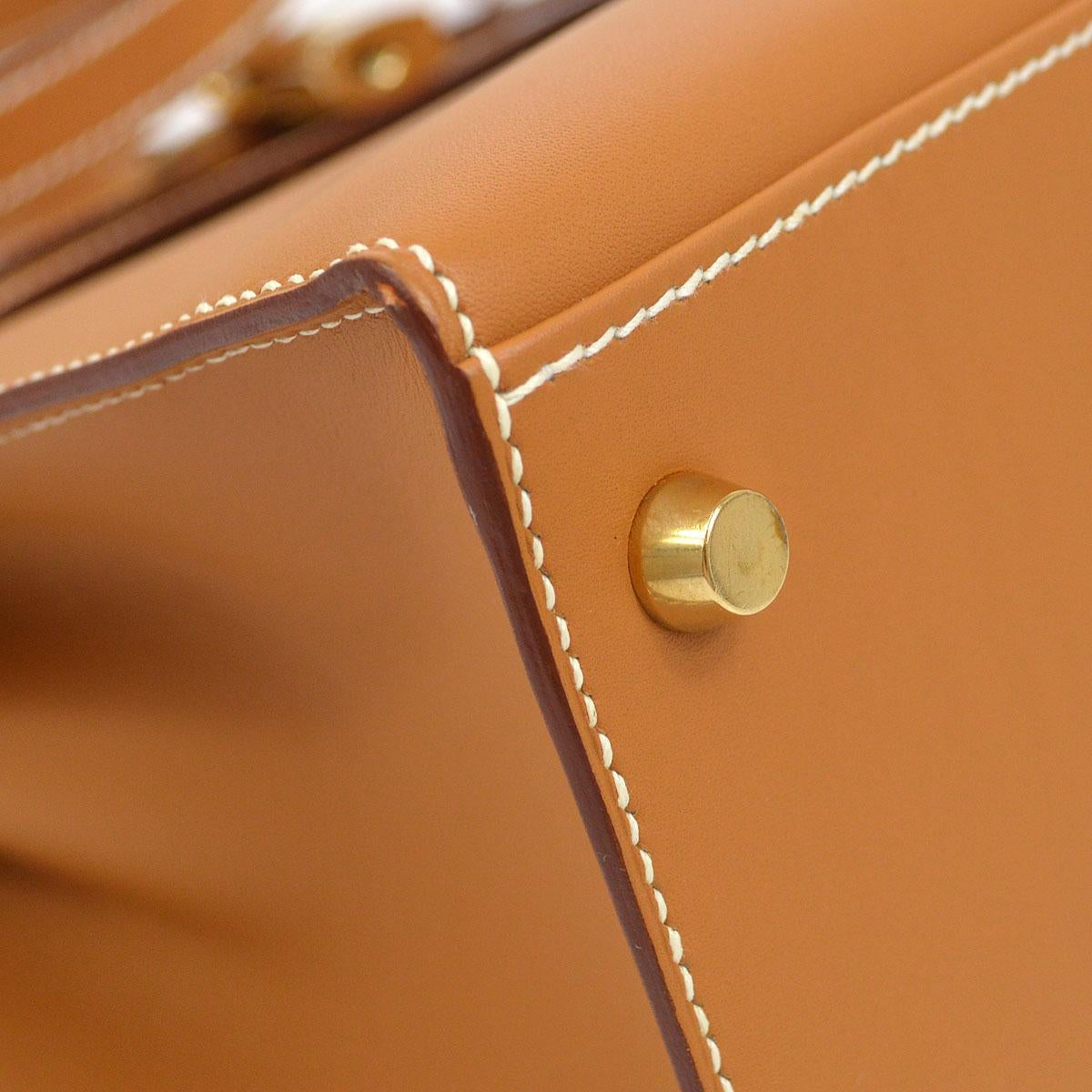 Women's HERMES Kelly 28 Sellier Tan Cognac Chamonix Leather Hardware Top Handle Bag