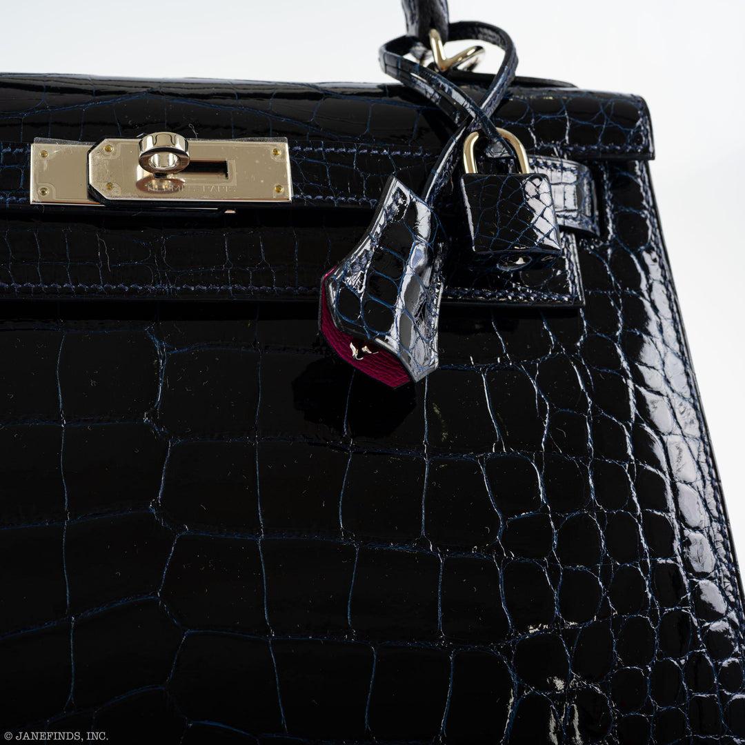 Hermès Kelly 28 Sellier Verso Blue Marine Nilo Crocodile & Rose Scheherazade Bag For Sale 13