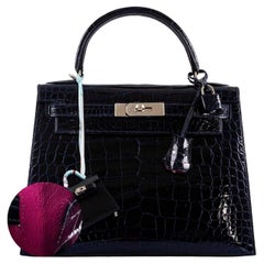 Hermès Kelly 28 Sellier Verso Blue Marine Nilo Crocodile & Rose Scheherazade Bag