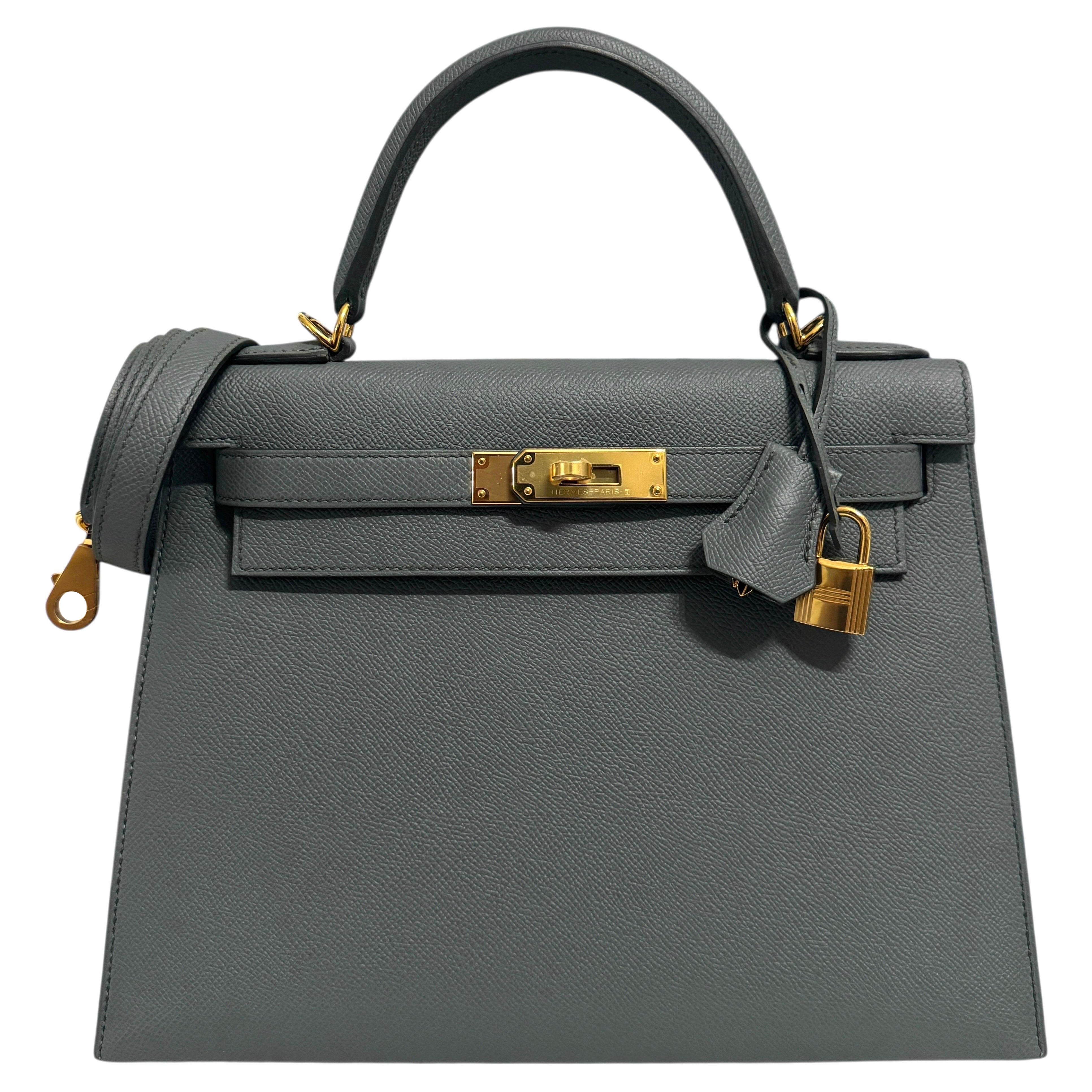 Hermes Kelly 28 Sellier Vert Amande Grau Grün Epsom Leder Gold Hardware RARE im Angebot