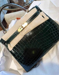 Hermes Kelly 28 Sellier Vert Fonce Glänzend Niloticus Krokodil