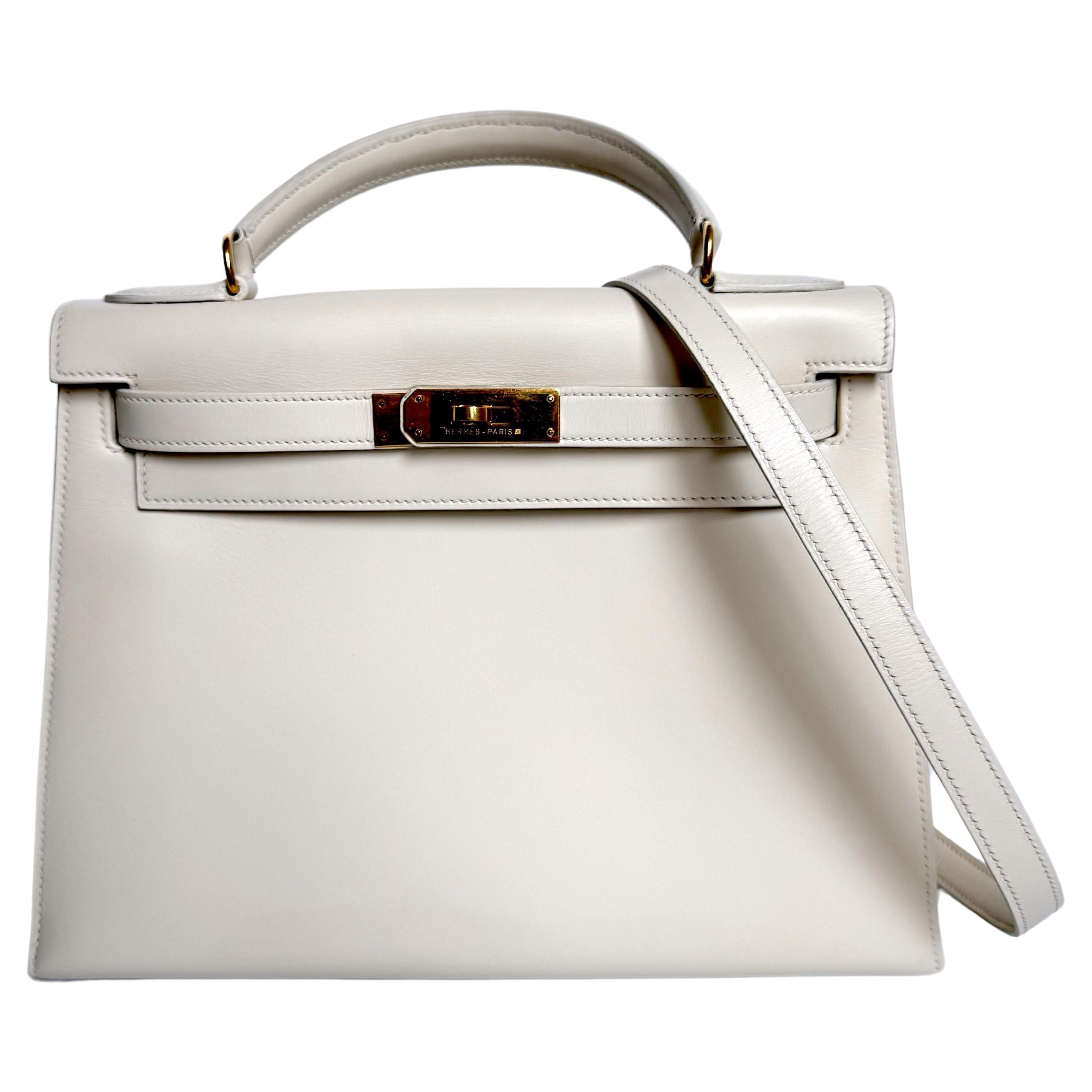 Hermes Kelly 28 Sellier Vintage Weiß Box Leder Gold Hardware 1996