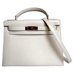 Hermes Kelly 28 Sellier Vintage White Box Leather Gold Hardware 1996