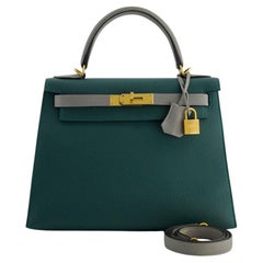 Bolso Hermes Kelly 28 pedido especial Malaquita y Gris Mouette