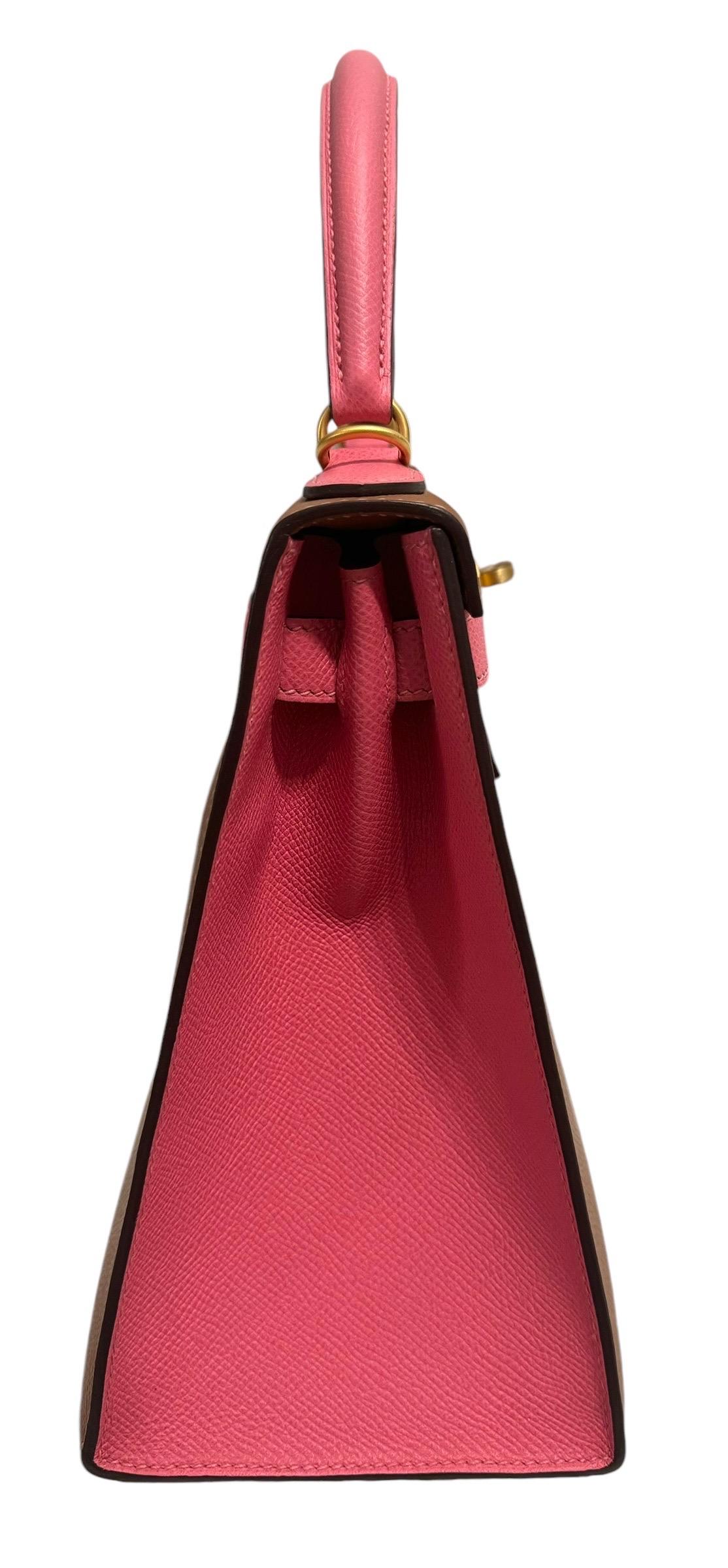 Brown Hermes Kelly 28 special order Sellier Gold with Rose Azalea pink Epsom Leather