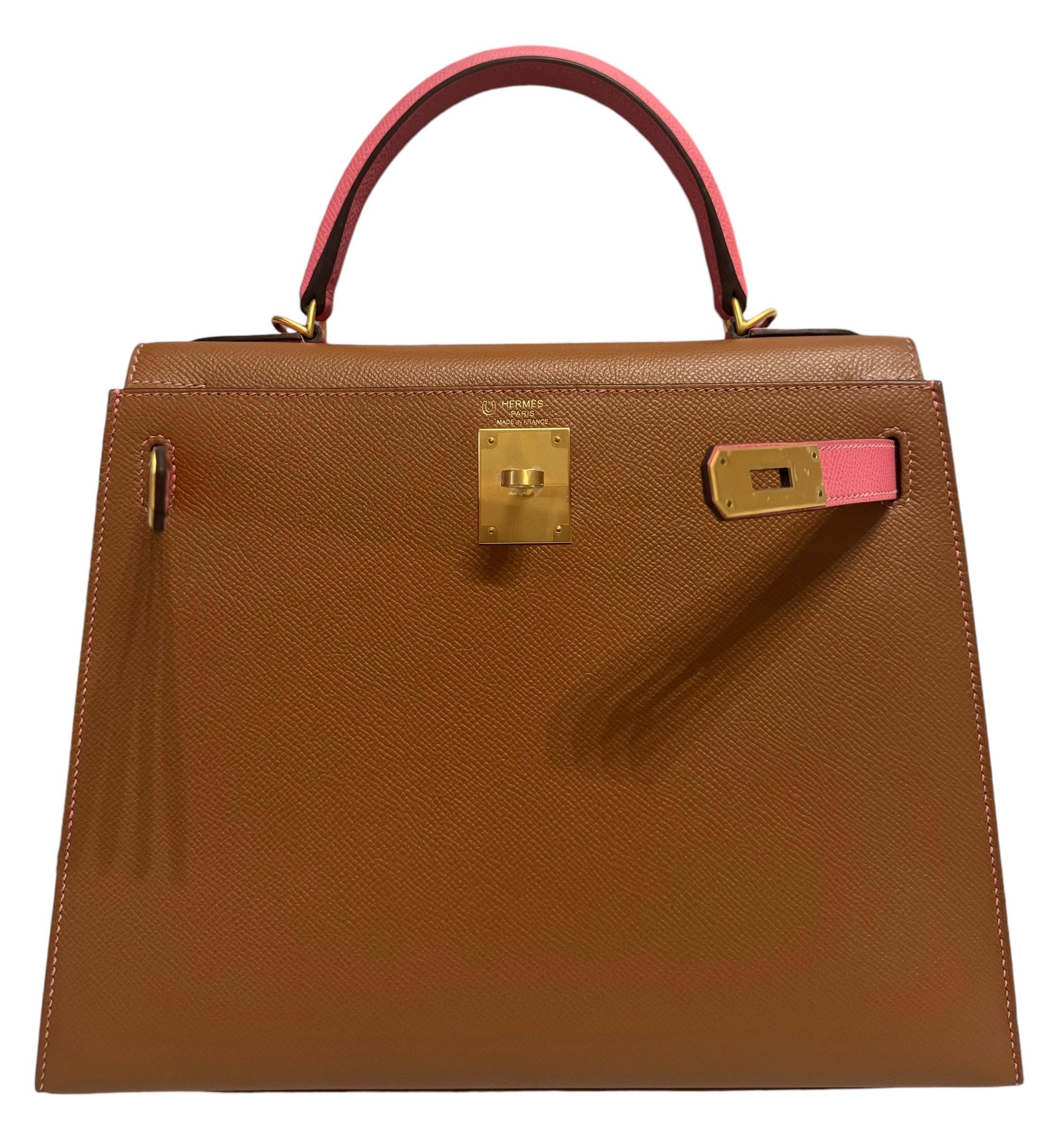 Hermes Kelly 28 special order Sellier Gold with Rose Azalea pink Epsom Leather 1