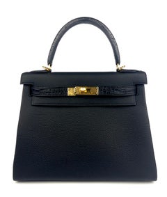 Hermes Kelly 28 Touch Black Leather and Matte Alligator Gold Hardware NEW