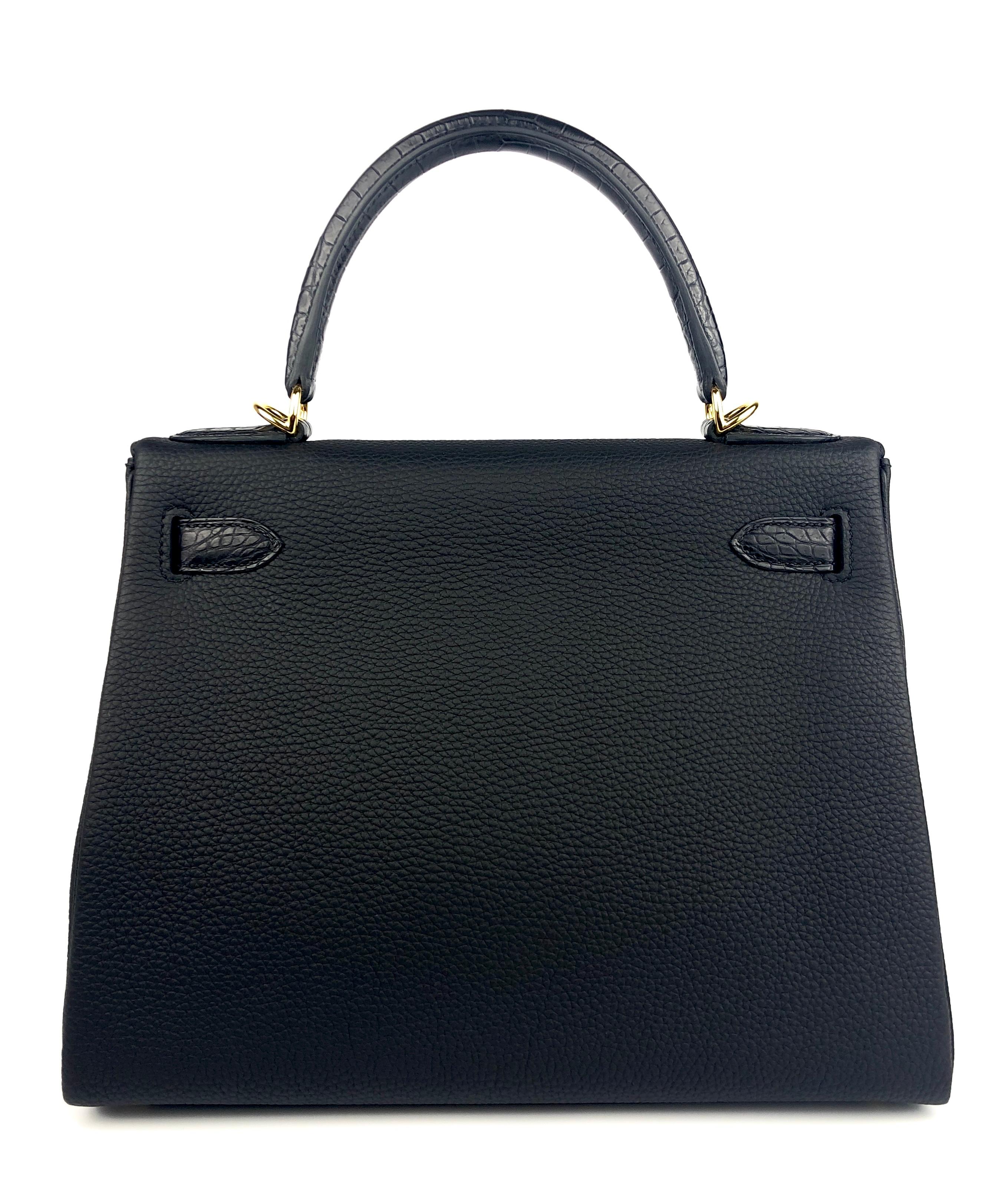 Hermes Kelly 28 Touch Black Leather and Matte Alligator Gold Hardware ...