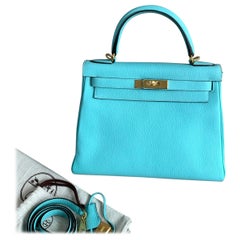 Hermes Kelly 28 Turquoise Leather Gold HW GHW Shoulder Bag 2015