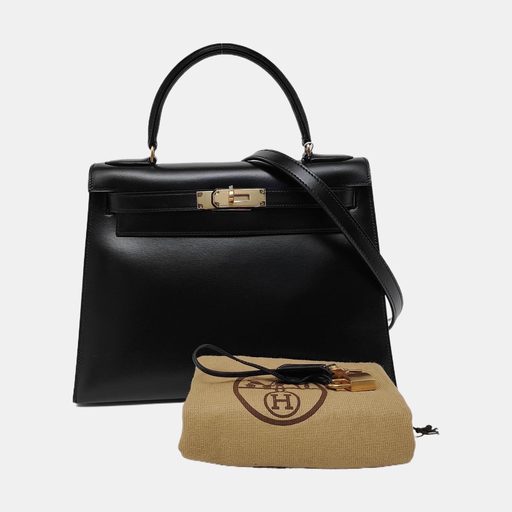 Hermes Kelly 28 Vintage Sellier Schwarz Box Leder Gold Hardware 1982 im Angebot 4