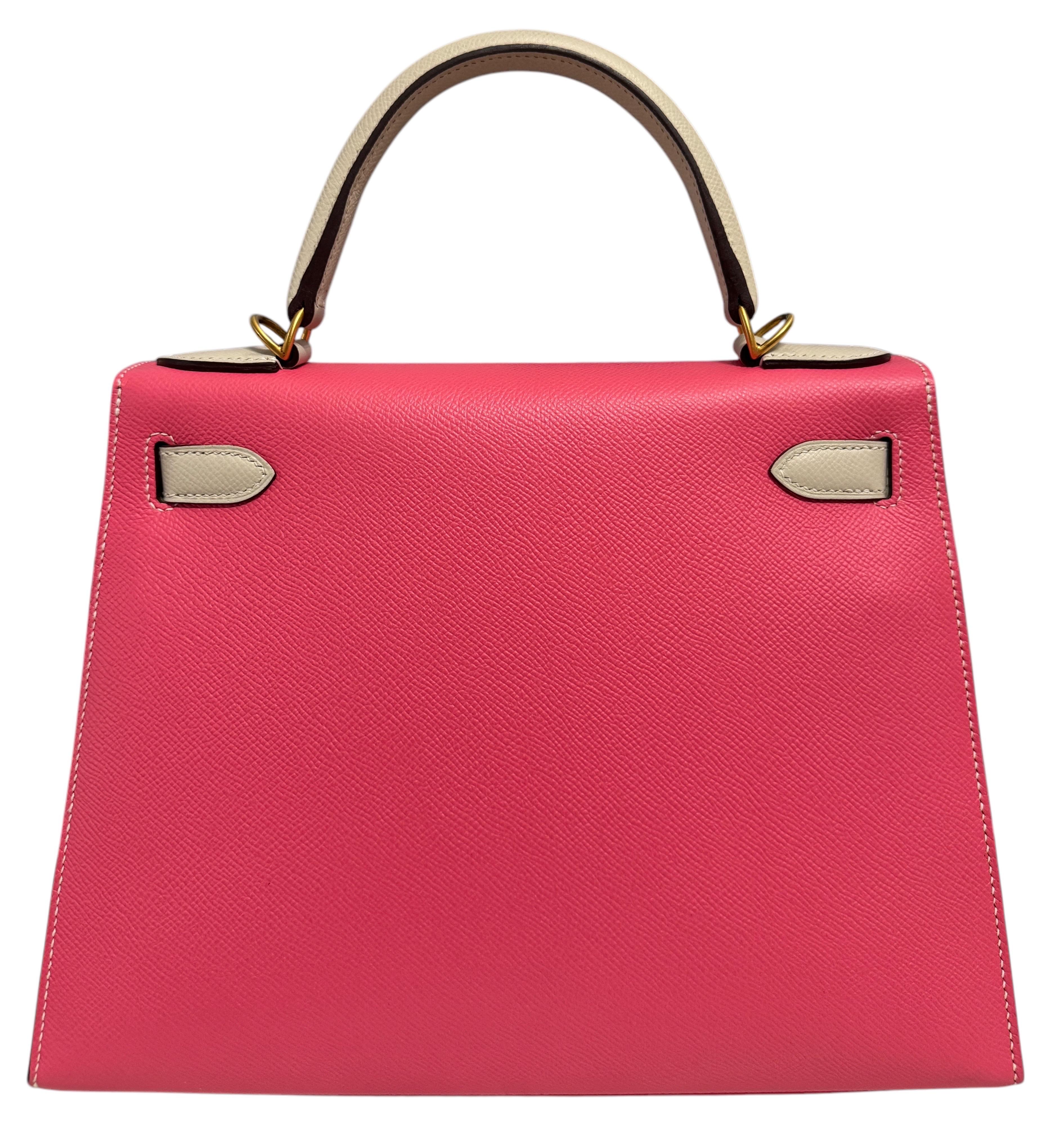 As New RARE Most Coveted Hermes Kelly 28 Rose azalea Craie sellier Epsom  Leather , Complimented by Palladium Hardware. 

Please keep in mind this is not a store fresh item. It has been handled and displayed. 

Lux Addicts is a company based in