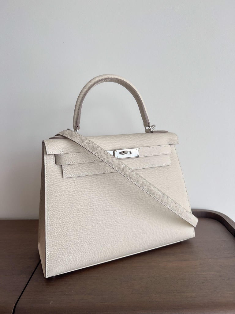 Hermès Kelly Gris Meyer Togo Depeches 25 Palladium Hardware, 2023 (Like New), Grey Womens Handbag