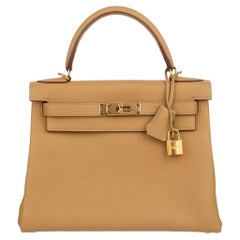Hermes Kelly 28cm in pelle Togo Biscuit con finiture in oro