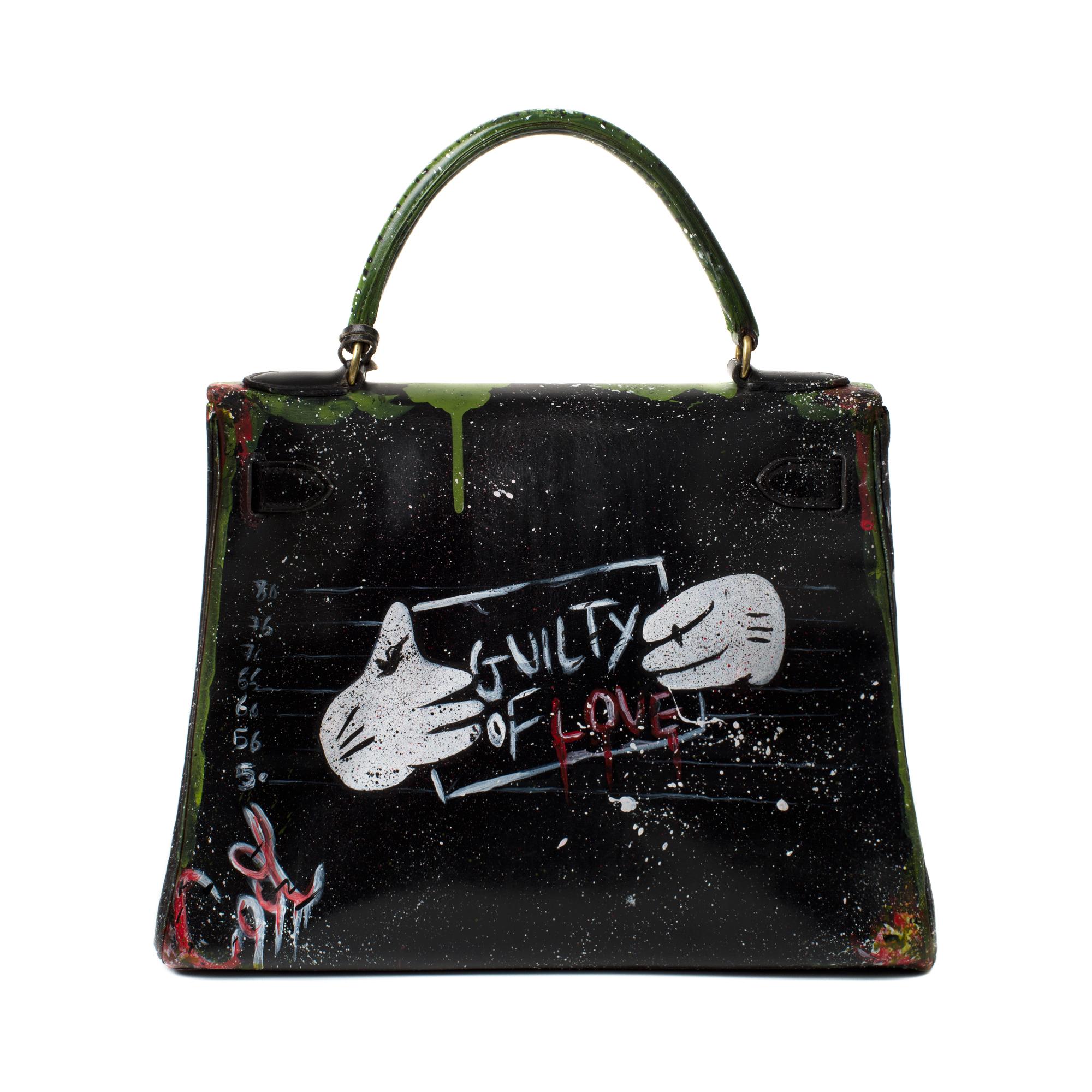 Superb Hermes Kelly 28 in black box leather, hardware in gold plated,
 customized by the artist DARYA entitled 