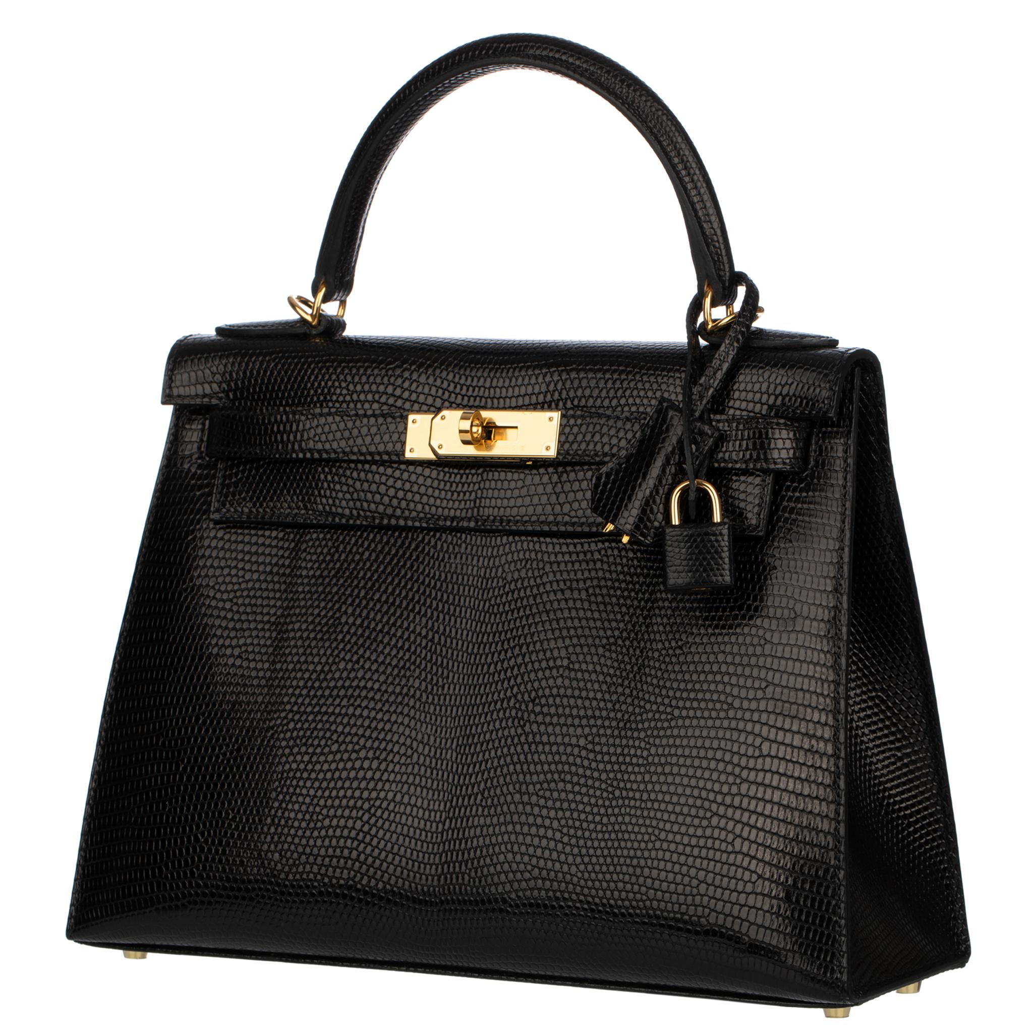 Hermes Kelly 28cm Black Lizard Leather Gold Hardware For Sale 6