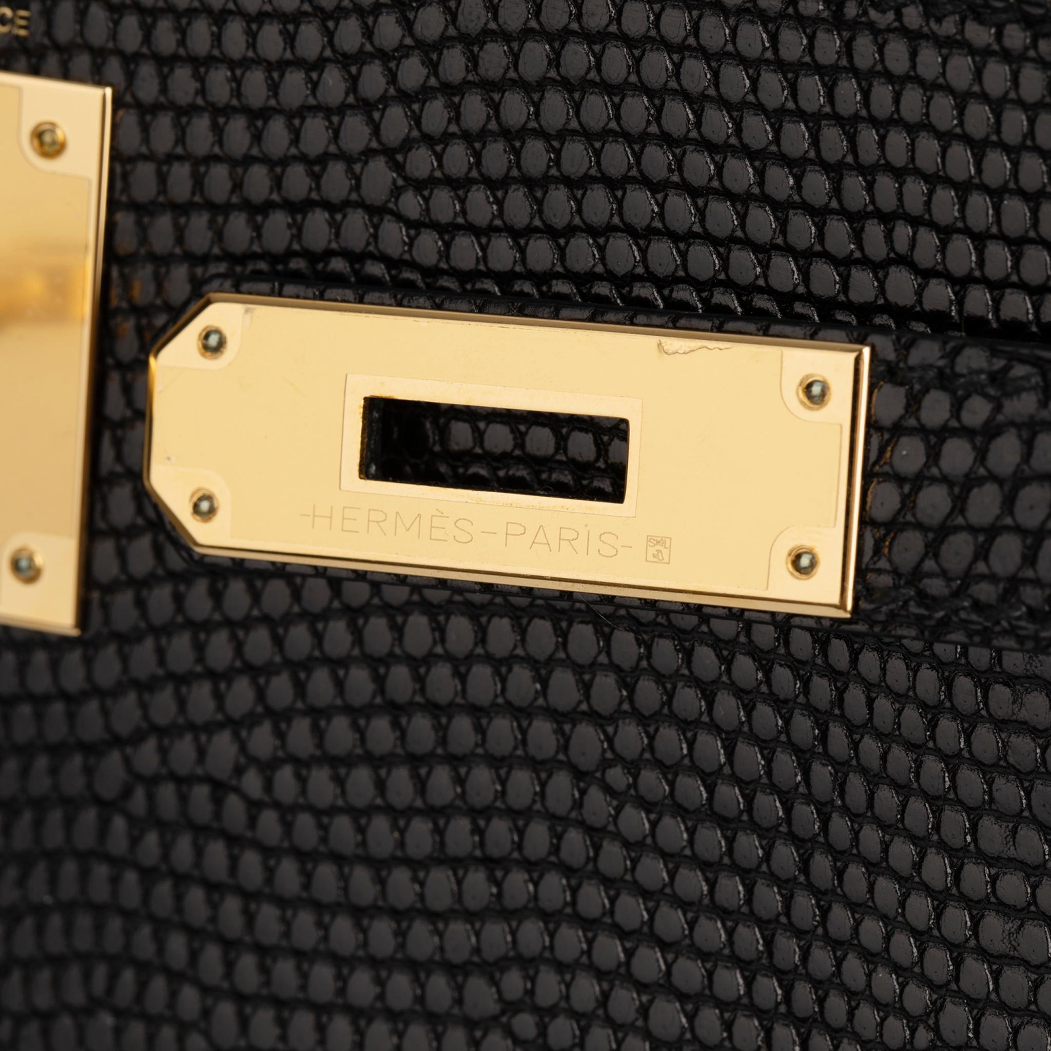 Hermes Kelly 28cm Cuir de lézard noir Quincaillerie or en vente 8