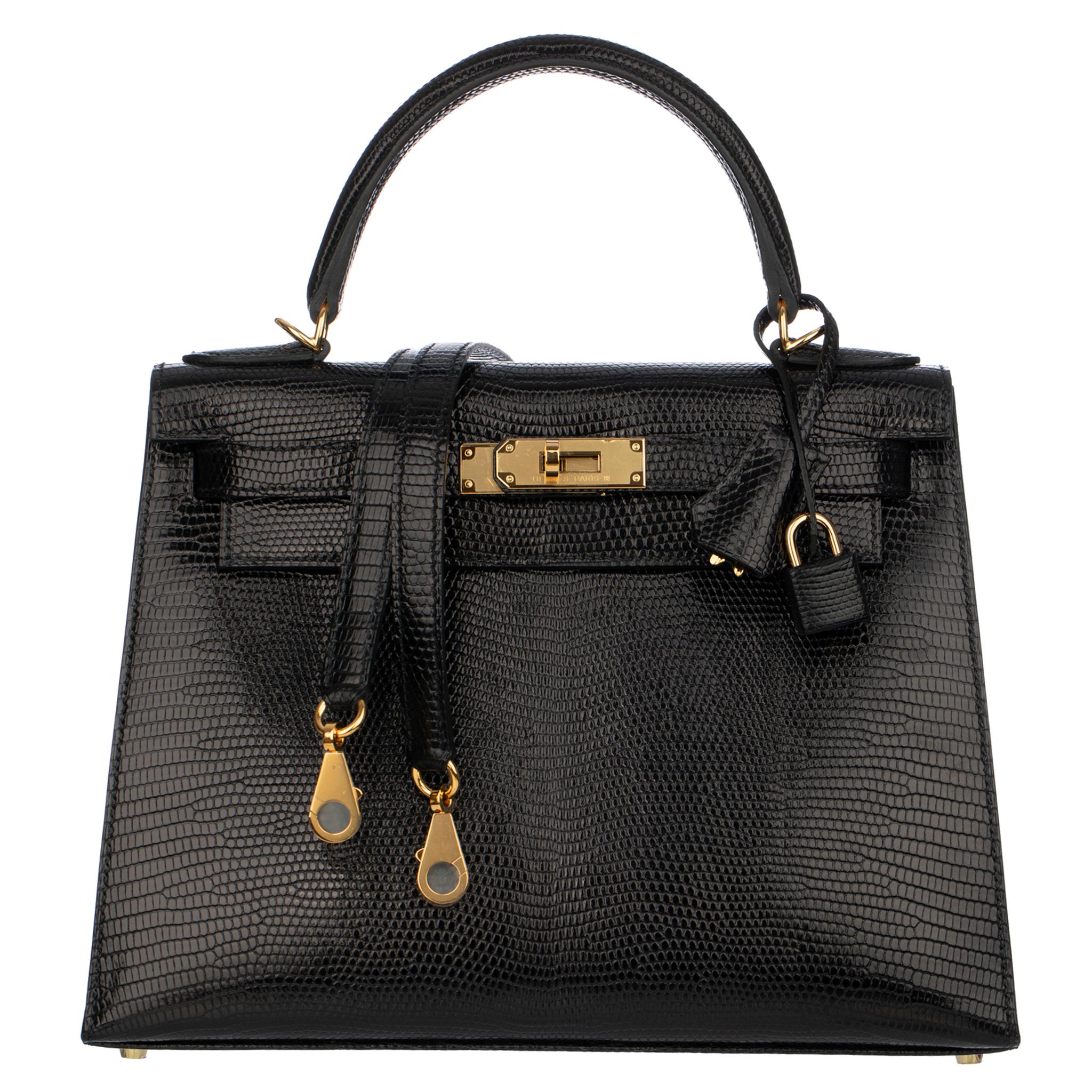 Hermes Kelly 28cm Black Lizard Leather Gold Hardware For Sale 1