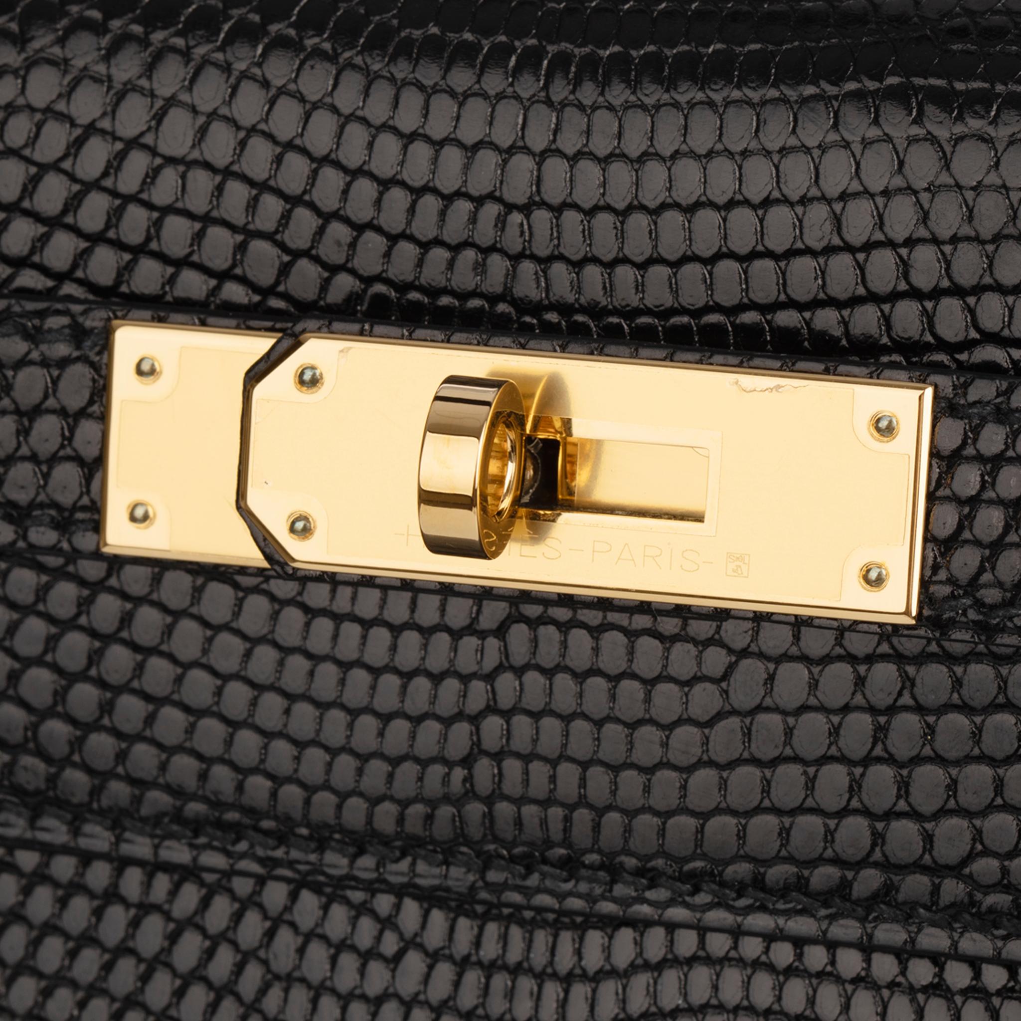 Hermes Kelly 28cm Black Lizard Leather Gold Hardware For Sale 2