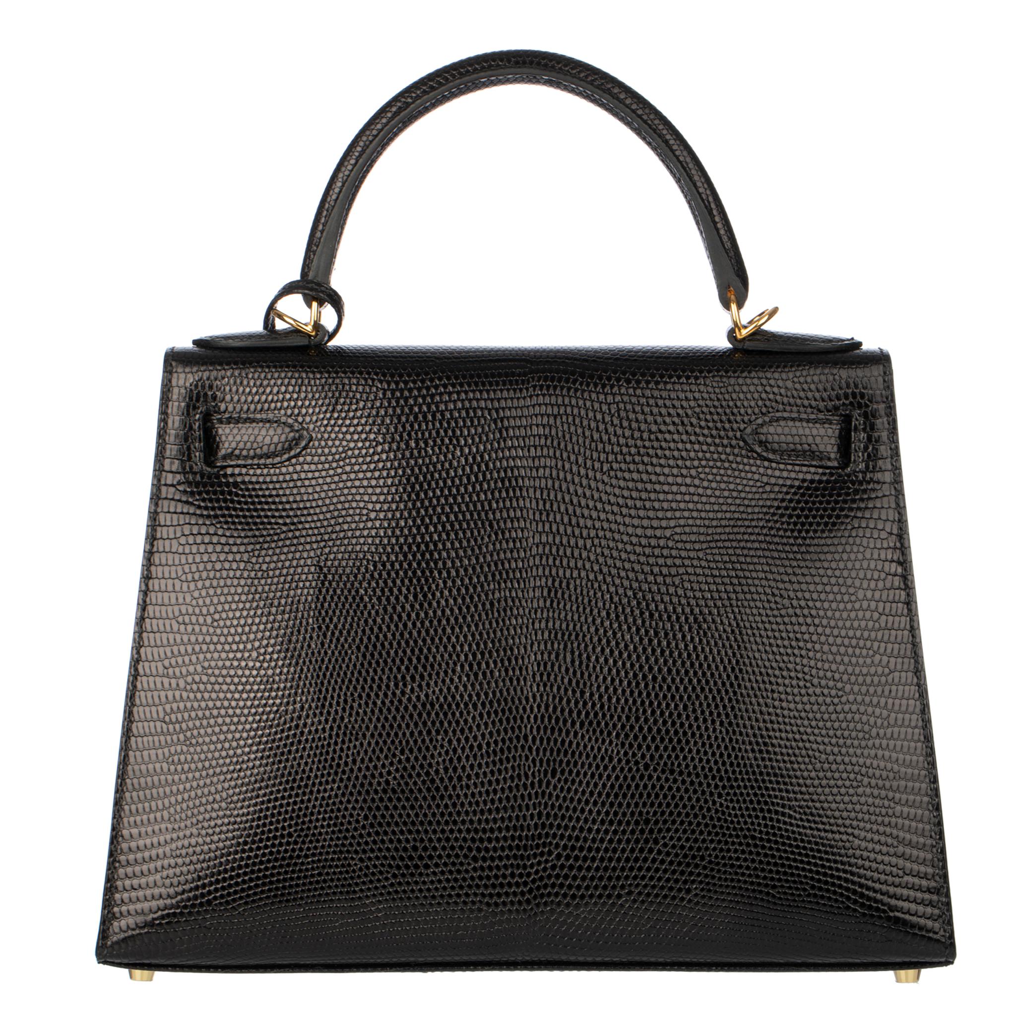 Hermes Kelly 28cm Cuir de lézard noir Quincaillerie or en vente 5