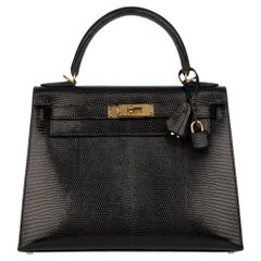 Hermes Kelly 28cm in pelle di lucertola nera con finiture dorate