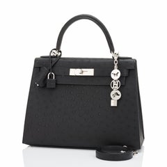 Hermes Kelly 28cm Black Ostrich Sellier Shoulder Bag Z Stamp, 2021