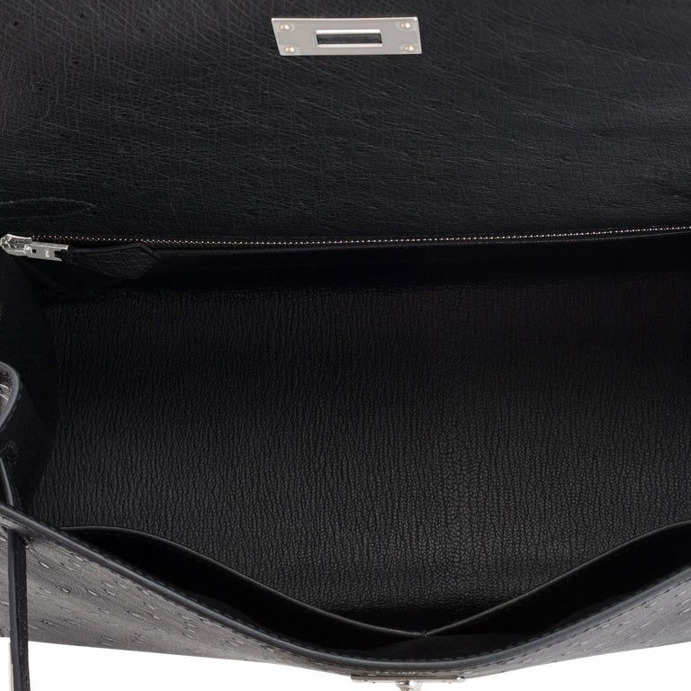 Hermes Kelly 28cm Black Ostrich Sellier Shoulder Bag Z Stamp, 2021 For Sale 4